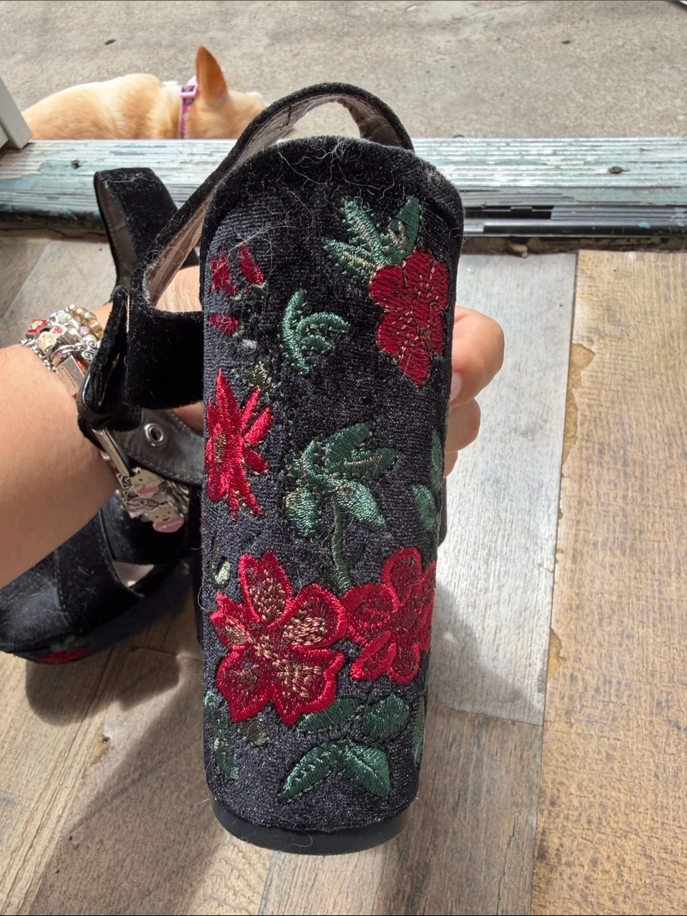 Lily Edelman Black Velvet Platform Sandals with Red Rose Embroidery